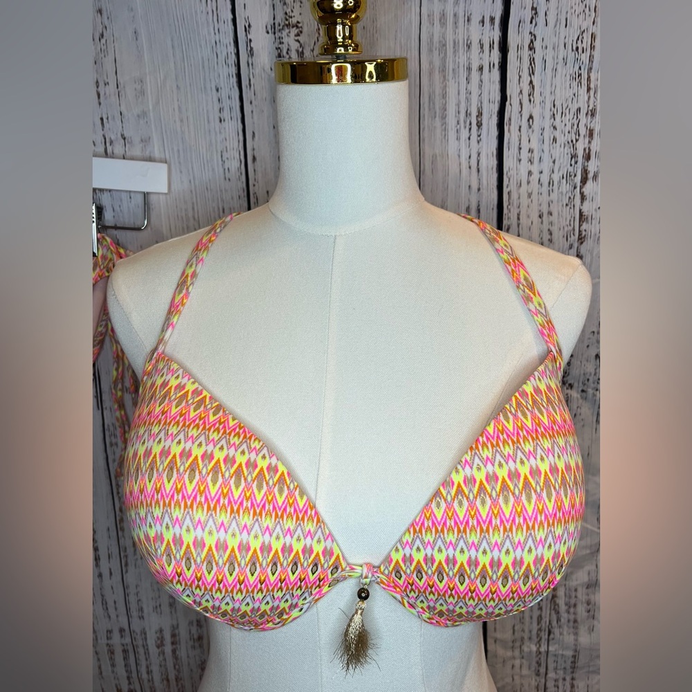 Shade & Shore 36DD Underwire Bikini Top Neon Ikat Tassel Tie Back Swim